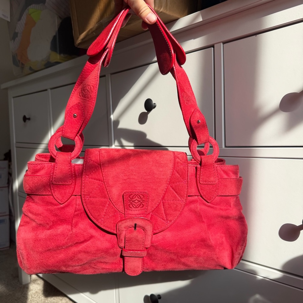 Vintage Loewe Red Suede Bag with Striped Interior